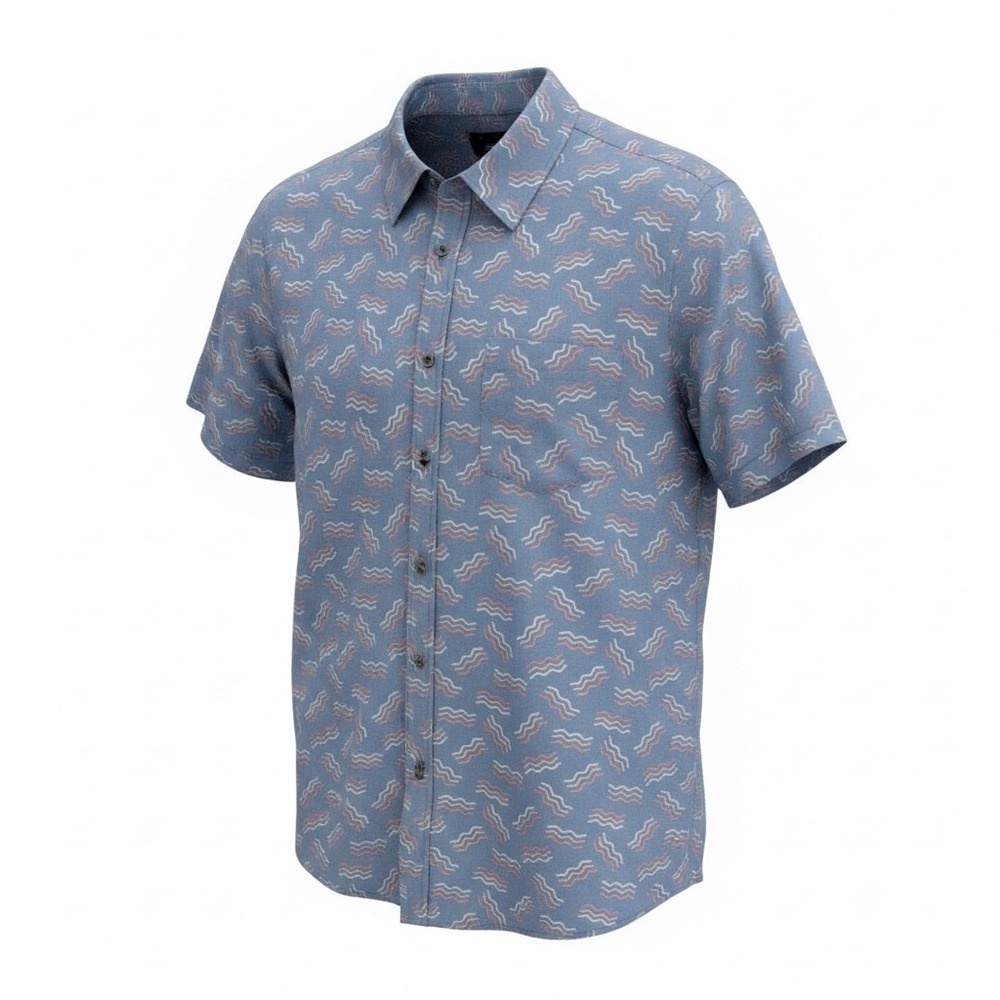ROWM Button Down Shirt Mens Large Blue Wavy Abstract‎ Print Short Sleeve Cotton